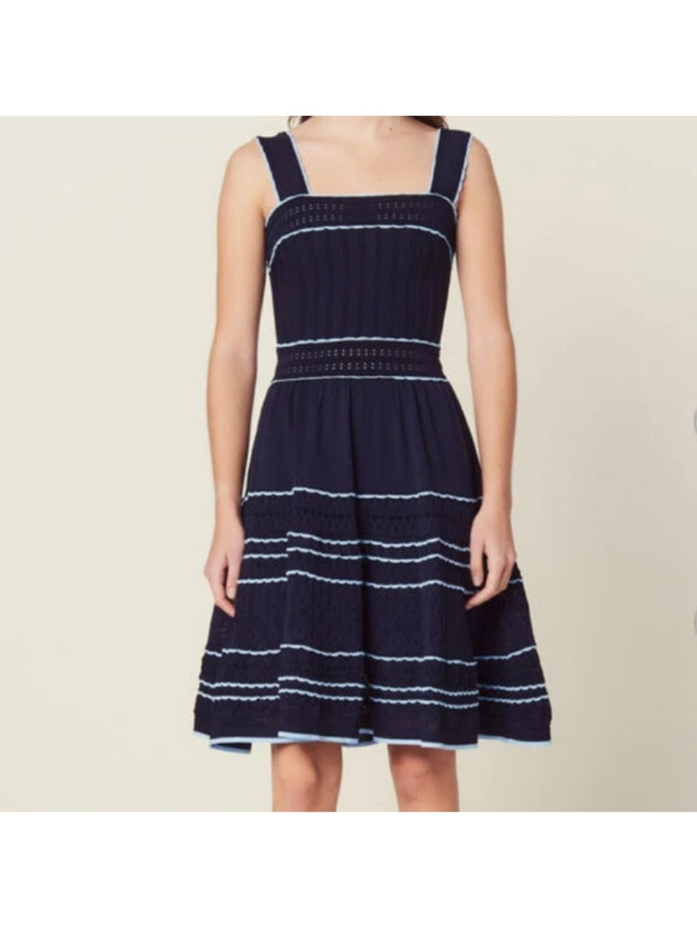 Sandro Paris Pointelle-Knit Fit-and-Flare Dress Navy Blue Contrast Trim Sz 38